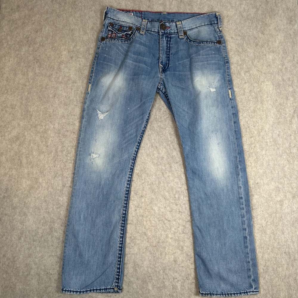 True Religion Ricky Super T Boot Cut Jeans Blue  Men's Distressed Size 36 x 33